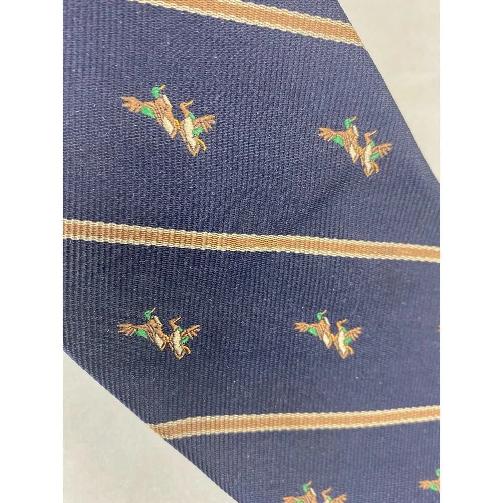 Robert Talbott‎ Mens Tie Navy Gold Silk Mallard Duck Stripe England 56x4